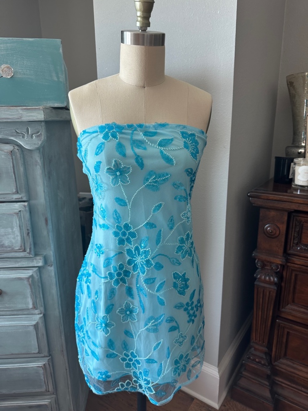 Peppermayo Tiffany Blue Strapless Sequin Mini Dress - Picture 7 of 13